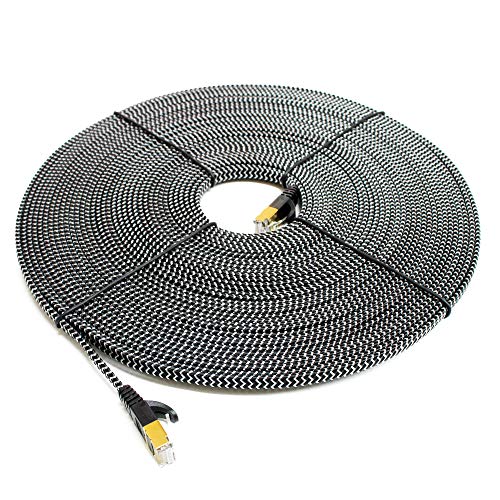 Tera Grand - 50FT - CAT7 10 Gigabit Ethernet Ultra Flat Patch Cable for Modem Router LAN Network - Braided Jacket, Gold Plated Shielded RJ45 Connectors, Faster Than CAT6a CAT6 CAT5e, Black & White - Image 3