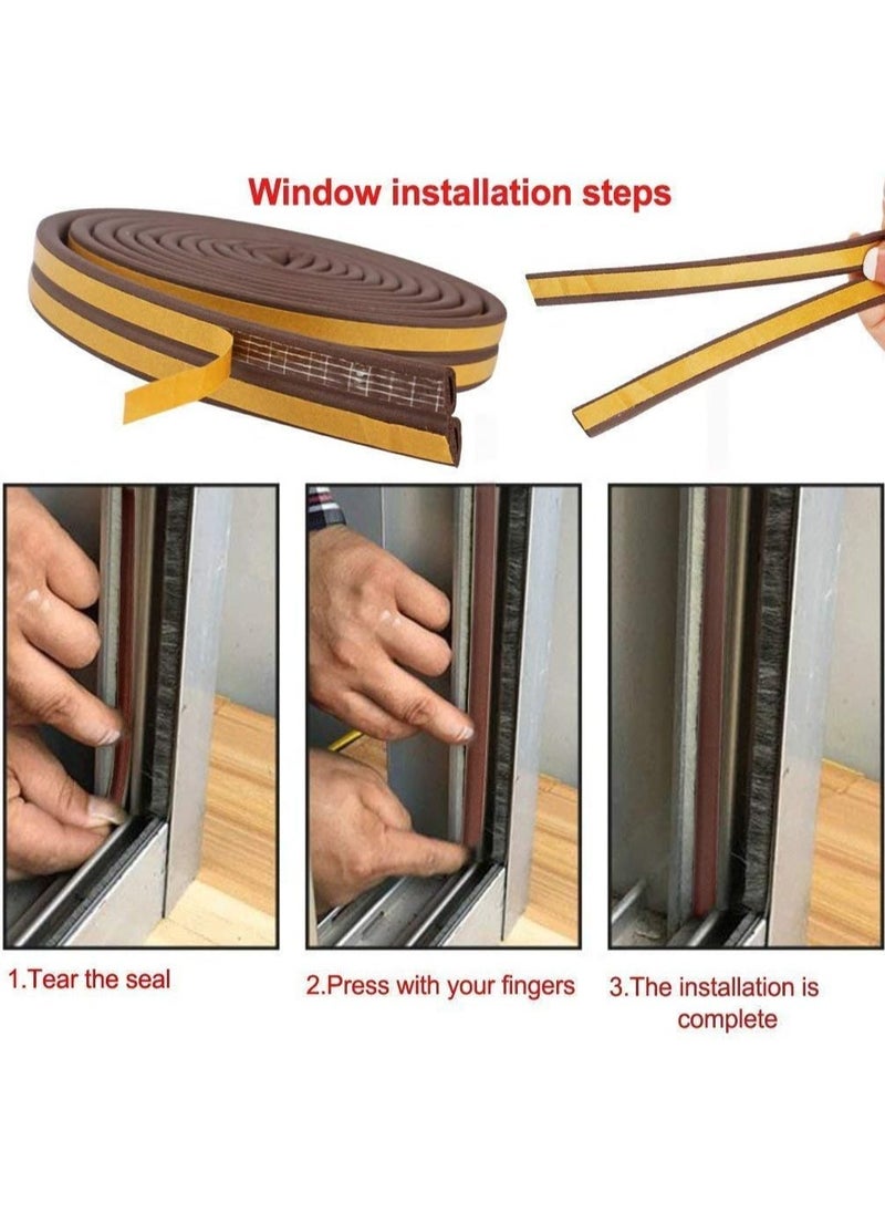 Foam Weather Seal Strip for Sliding Windows, Doors Frame Side, Pile Self Adhesive Window Seal Tape for Door Draft Stopper, SoundProof Winter Insulation,  10M, Coffee