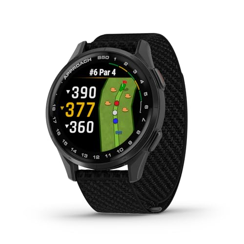 Garmin Approach® S50, Advanced Golf GPS Smartwatch, AMOLED Display, On-Course Features, Wrist-Based Heart Rate, Slate Aluminum Bezel with Black ComfortFit Nylon Band - Image 1
