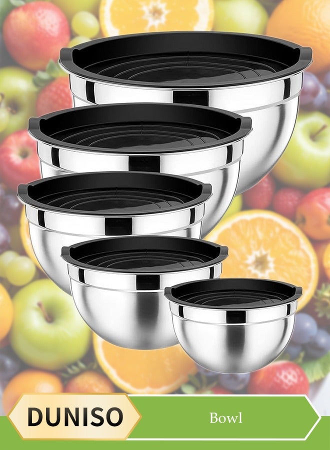 DUNISO 5 Pcs Stainless Steel Mixing Bowls with lid, nested salad bowl, sealed lid, non slip bottom, suitable for kitchen and baking，0.7/1/1.5/3/4.5QT - Image 1