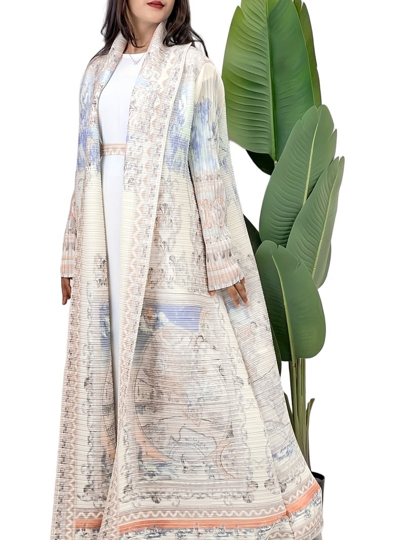 Women's Middle Eastern Traditional Abayas Robe, Palace Style Geometric Print Pleated Long Sleeve Cape Coat, Lightweight High-Elasticity Breathable Fabric, Suitable for Ramadan, Eid,... - Image 1
