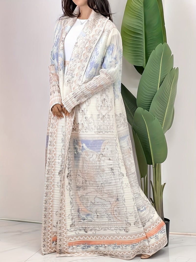 Women's Middle Eastern Traditional Abayas Robe, Palace Style Geometric Print Pleated Long Sleeve Cape Coat, Lightweight High-Elasticity Breathable Fabric, Suitable for Ramadan, Eid,... - Image 3