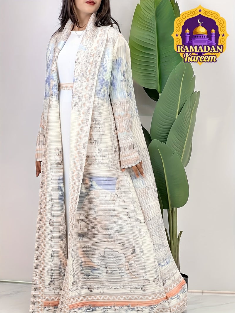 Women's Middle Eastern Traditional Abayas Robe, Palace Style Geometric Print Pleated Long Sleeve Cape Coat, Lightweight High-Elasticity Breathable Fabric, Suitable for Ramadan, Eid,... - Image 2