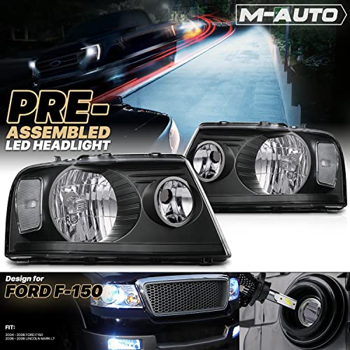 M-AUTO Headlight Assembly with 2 Pre-assembled 6000K LED Bulbs Compatible with 2004-2008 Ford F-150, 06-08 Mark LT, Headlamps w/Black Housing Clear Lens Clear Corner - Image 2
