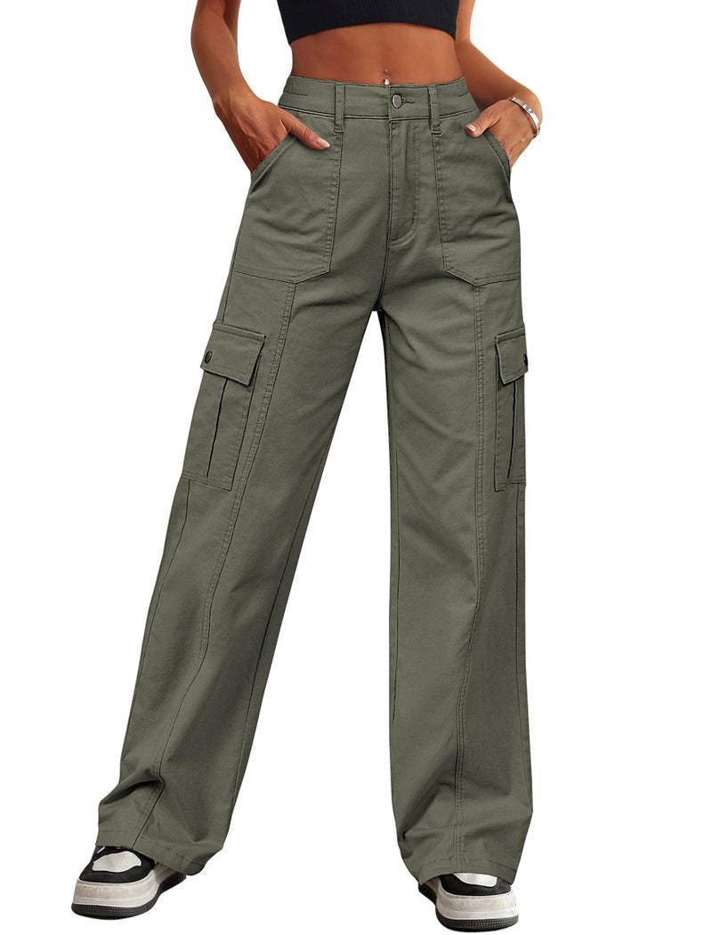 Eddoyee Cargo Pants for Women Drawstring Ankle Cuffs Stretch High Waisted 6 Pockets Straight Wide Leg Jean Casual Baggy Pants(Army Green, Medium) - Image 1