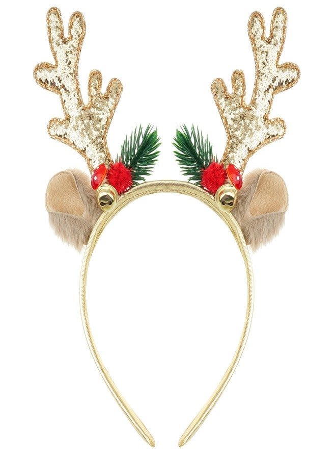 yeabwps Christmas HeadbandsGlitter Reindeer Antlers Headbands for Men Women Party Costume Accessory (Gold) - Image 1