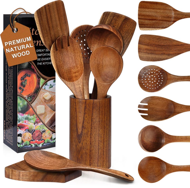 Unokit Cooking Utensils Set for Kitchen - 8 Piece Nonstick Natural Teak Wooden Spoons for Cooking, Comfort Grip Kitchen Utensils Set, Teak Wooden Utensil Set with Holder and Spoon Rest - Image 1