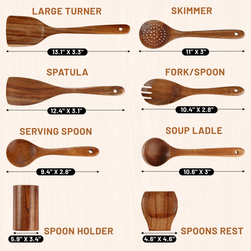 Unokit Cooking Utensils Set for Kitchen - 8 Piece Nonstick Natural Teak Wooden Spoons for Cooking, Comfort Grip Kitchen Utensils Set, Teak Wooden Utensil Set with Holder and Spoon Rest - Image 2