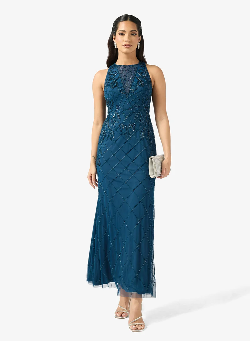 Adrianna Papell Crew Neck Mesh Detailed Maxi Dress