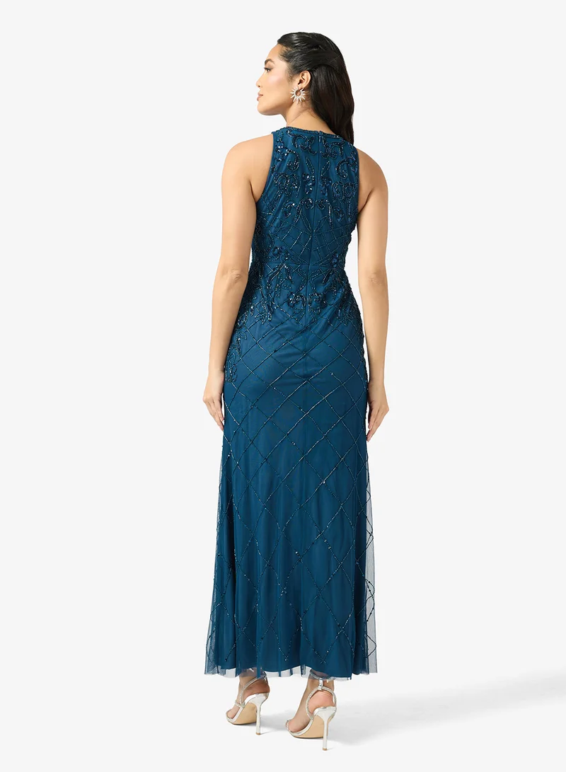 Adrianna Papell Crew Neck Mesh Detailed Maxi Dress