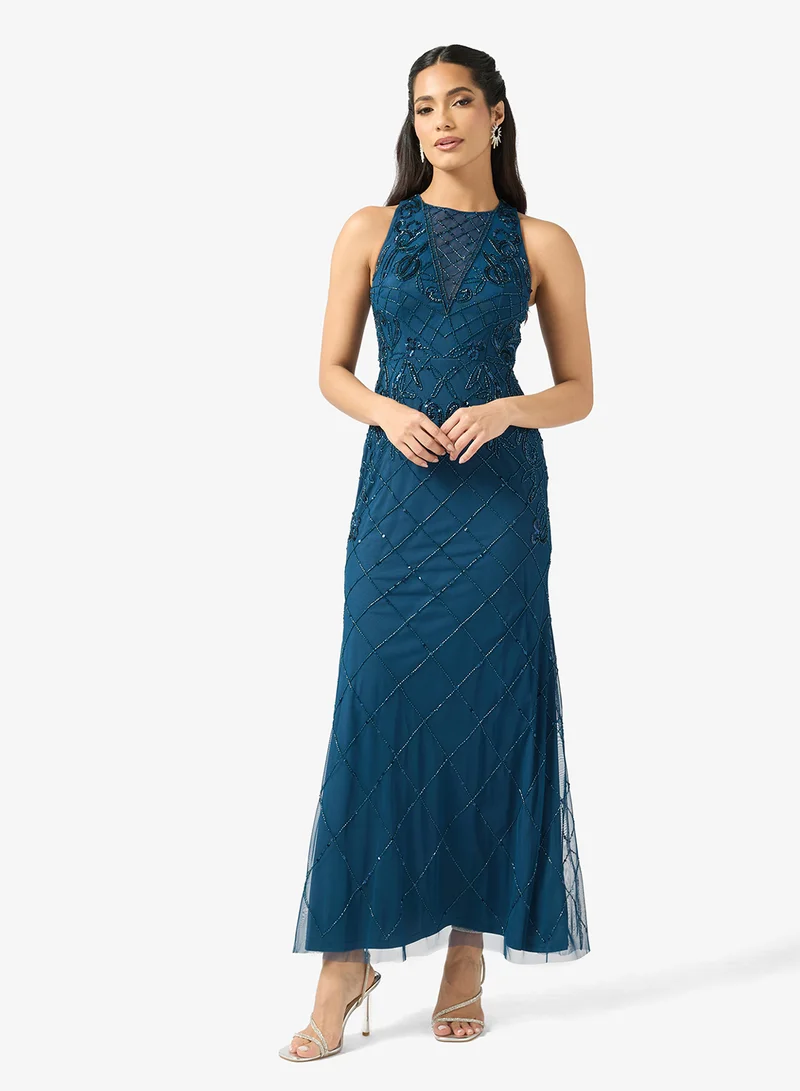 Crew Neck Mesh Detailed Maxi Dress