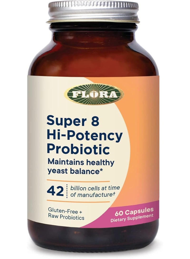 فلورا سوبر 8 بروبيوتيك عالي الفعالية، 30 قطعة - توازن الخميرة الصحية وصحة الجهاز الهضمي - للرجال والنساء - 42 مليار وحدة تشكيل مستعمرة، خام، خالٍ من الغلوتين - إمداد لمدة شهر واحد