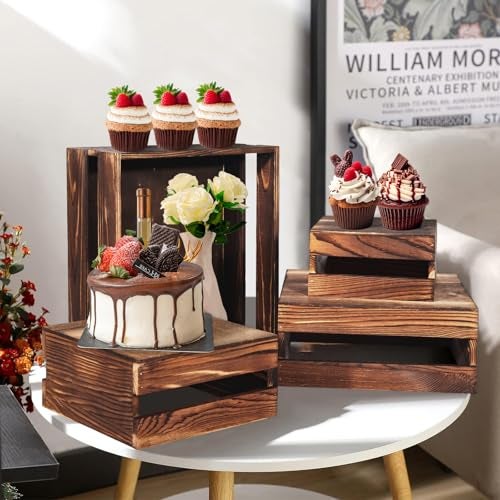 Cecnamt 6 Pcs Buffet Risers with Mini Signs, Rustic Wood Cake Stands, Food Risers for Buffet Table, Dessert Display Stand, Wood Crates, Rustic Cake Stand for Party, Wedding, Birthday, Baby Shower, 3 Sizes - Image 3