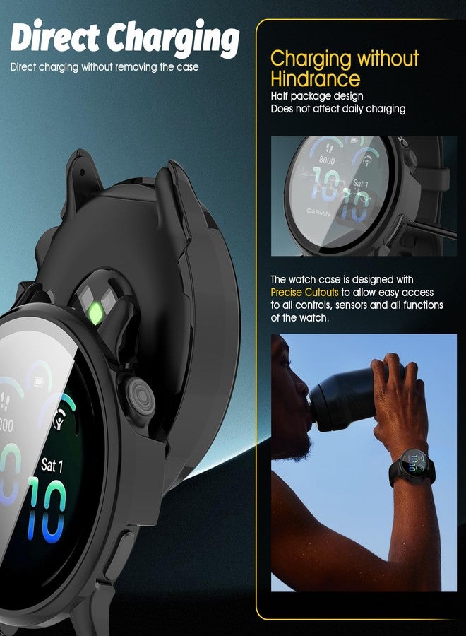 Orzero (1+2) Orzero Watch Case Compatible for Garmin Vivoactive 6, with 2 Pack Black Dust Plug Protective PC Frame Face Cover Built-in Tempered Glass Screen Protector Scratch Resistant - Matte Black - Image 4