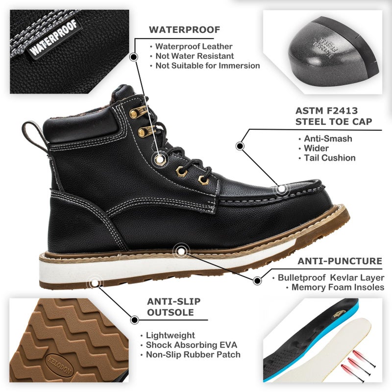 KELODON Waterproof Steel Toe Boots For Men-6" Leather Moc Toe Work Boots Mens Steel Toe Shoes Indestructible Non Slip Resistant Construction Safety Boot,Black,size 11 Men - Image 2