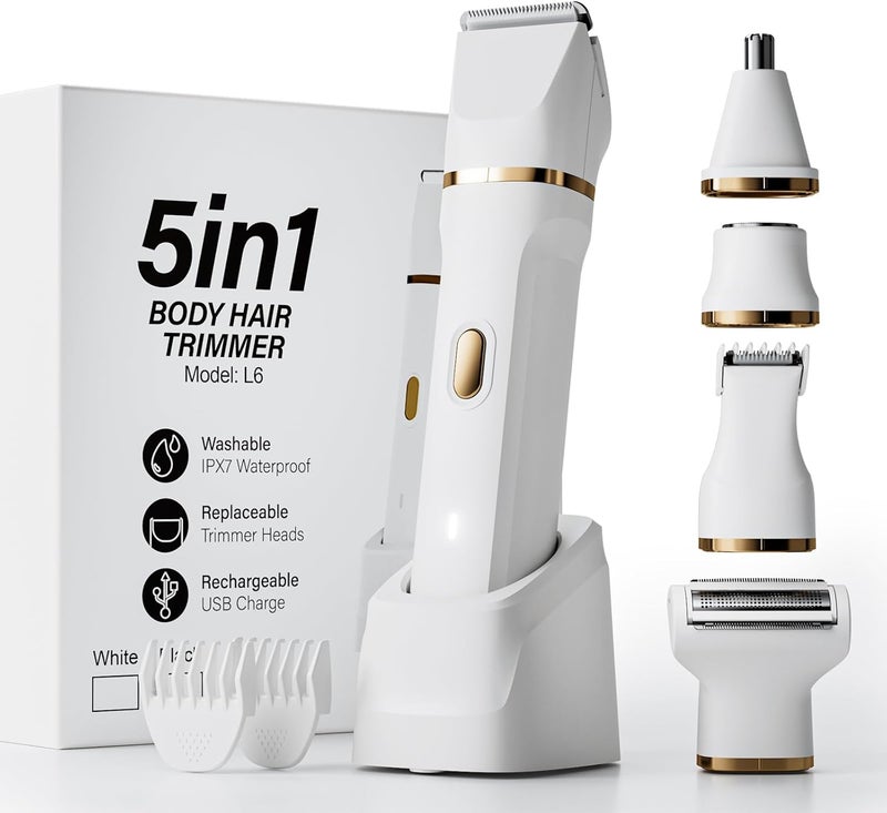 Electric Razors for Women, 5-in-1 Wet/Dry Bikini Trimmer with USB Charge Dock, Deluxe Facial Hair Removal, Wet/Dry Body Shaver for Nose Eyebrows Beard Underarm Leg Arm, IPX7 Waterproof (White)