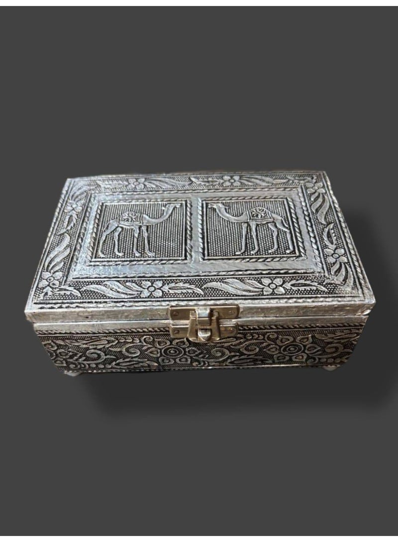 Handmade Indian wooden box covered with white metal and hand-carved. - Image 1