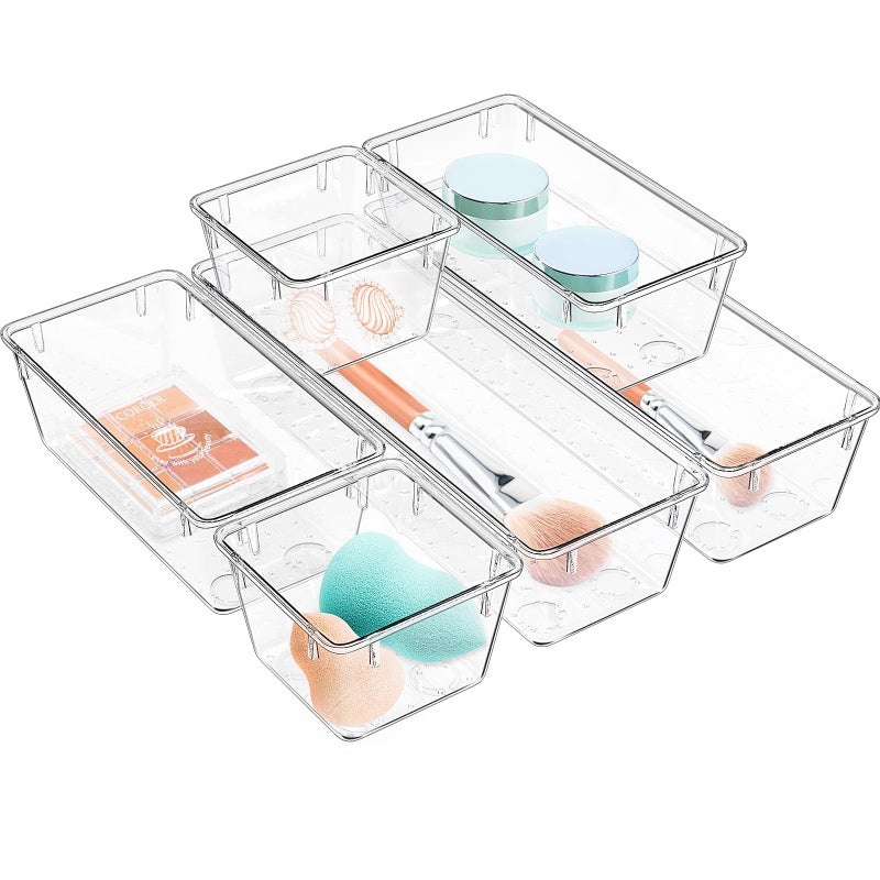 WOWBOX 6 Pack Clear Drawer Organizer Set, Acrylic Drawer Storage Trays, Storage Bins for Makeup, Cosmetics, Jewelries, Utensils, Gadgets, Office - Image 1