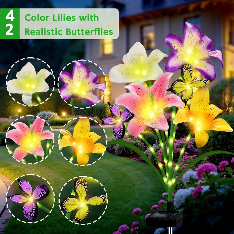 ANGMLN Solar Garden Lights 4 Pack 16 Lily Flowers with Butterfly Decor, Gifts for Mom Woman Birthday Solar Flower Lights for Outside, Cemetery Flowers for Grave - Decorative Lilies for Yard, Patio, Pathway - Image 2