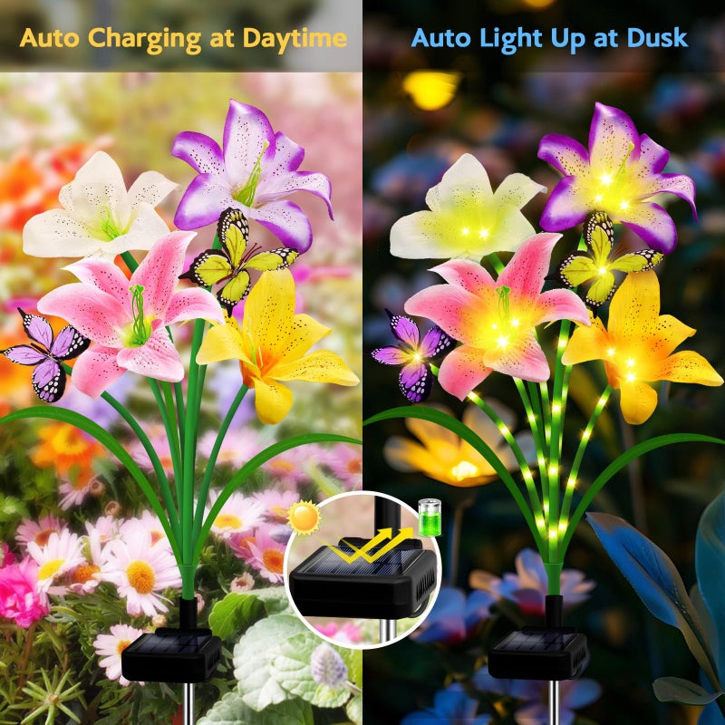 ANGMLN Solar Garden Lights 4 Pack 16 Lily Flowers with Butterfly Decor, Gifts for Mom Woman Birthday Solar Flower Lights for Outside, Cemetery Flowers for Grave - Decorative Lilies for Yard, Patio, Pathway - Image 4