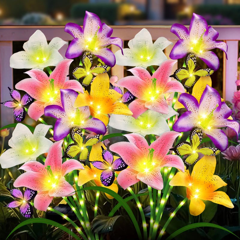 ANGMLN Solar Garden Lights 4 Pack 16 Lily Flowers with Butterfly Decor, Gifts for Mom Woman Birthday Solar Flower Lights for Outside, Cemetery Flowers for Grave - Decorative Lilies for Yard, Patio, Pathway - Image 1