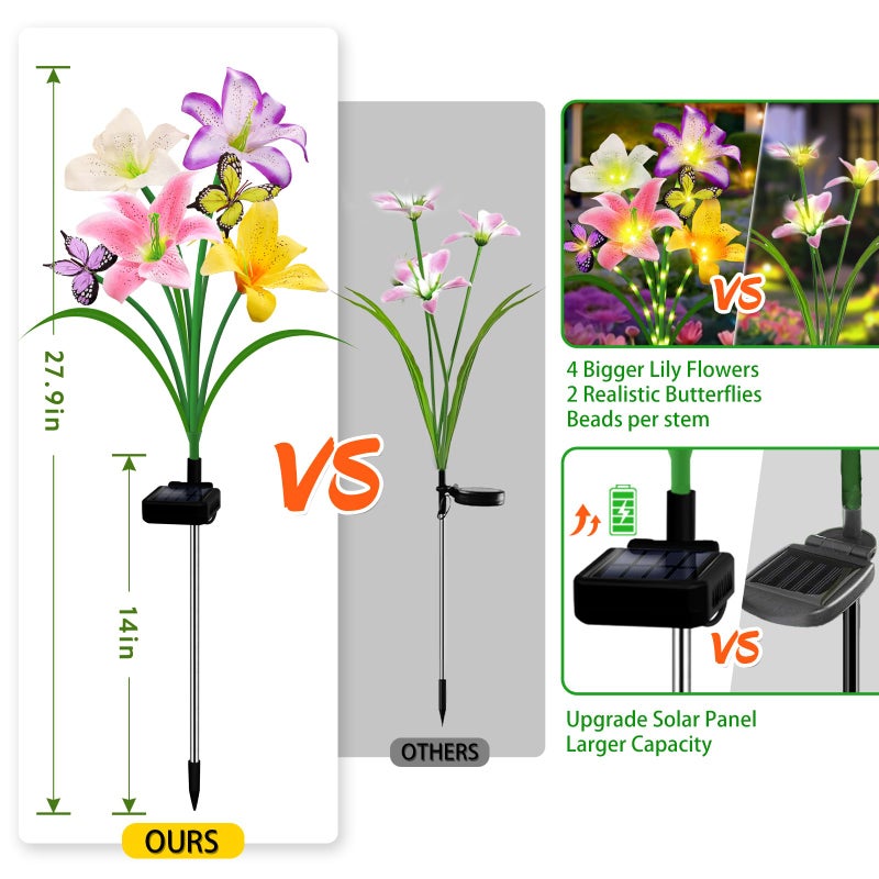 ANGMLN Solar Garden Lights 4 Pack 16 Lily Flowers with Butterfly Decor, Gifts for Mom Woman Birthday Solar Flower Lights for Outside, Cemetery Flowers for Grave - Decorative Lilies for Yard, Patio, Pathway - Image 5