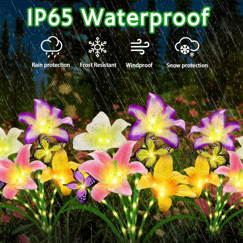 ANGMLN Solar Garden Lights 4 Pack 16 Lily Flowers with Butterfly Decor, Gifts for Mom Woman Birthday Solar Flower Lights for Outside, Cemetery Flowers for Grave - Decorative Lilies for Yard, Patio, Pathway - Image 3