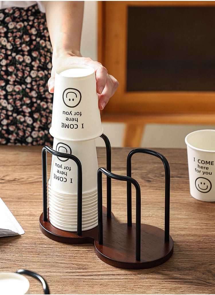 2 - Compartment Paper Cup Holder - Versatile Storage for Disposable, Coffee & Tea Cups - Made of Log & Iron with High - Quality Texture black
