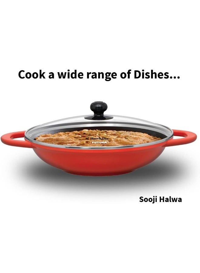 Hawkins Pressure Die Cast Non Stick 2 Liter Shallow Kadhai / Fry pan with Glass Lid, ceramic coating, (IDCSK3G), Red - Image 5