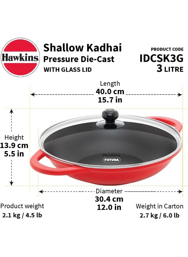 Hawkins Pressure Die Cast Non Stick 2 Liter Shallow Kadhai / Fry pan with Glass Lid, ceramic coating, (IDCSK3G), Red - Image 3