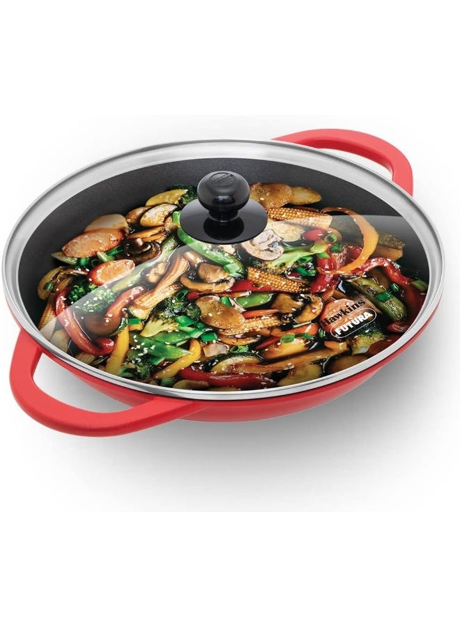Hawkins Pressure Die Cast Non Stick 2 Liter Shallow Kadhai / Fry pan with Glass Lid, ceramic coating, (IDCSK3G), Red - Image 1