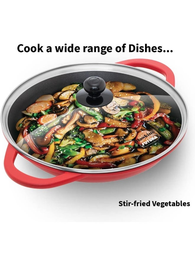 Hawkins Pressure Die Cast Non Stick 2 Liter Shallow Kadhai / Fry pan with Glass Lid, ceramic coating, (IDCSK3G), Red - Image 4