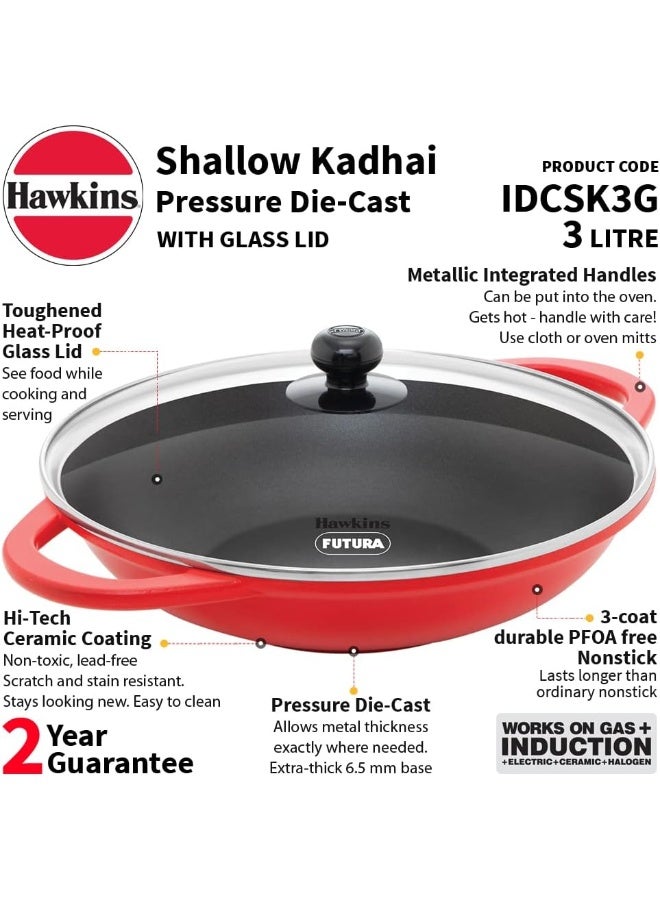 Hawkins Pressure Die Cast Non Stick 2 Liter Shallow Kadhai / Fry pan with Glass Lid, ceramic coating, (IDCSK3G), Red - Image 2