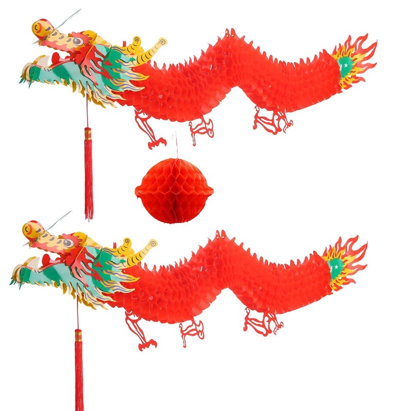 LUCKKYY 2pcs 3D Red Chinese Dragon Garland Hanging Decoration for New Year Party