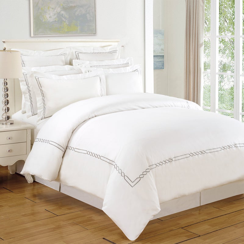 Superior Lorenz Cotton 200 Thread Count Duvet Cover Set Comforter Cover Bed Essentials Embroidered Infinity Border Includes 1 Duvet Cover with Button Closure 2 Pillow Shams KingCalifornia King