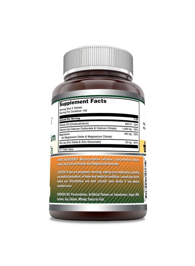 أميزينغ نيوترشن تركيبة مذهلة من الكالسيوم والمغنيسيوم والزنك د3 - 300 قرص لكل زجاجة مكمل غذائي (كالسيوم 1000 ملغ - مغنيسيوم 400 ملغ - زنك 25 ملغ بالإضافة إلى فيتامين د3 600 وحدة دولية - لكل حصة من 3 أقراص) - Image 2