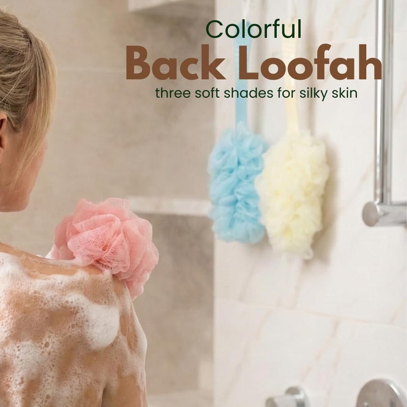 Glitters Long Handle Bath Loofah & Body Brush Set - Pastel Back Scrubber for Shower (3-Pack) - Image 2