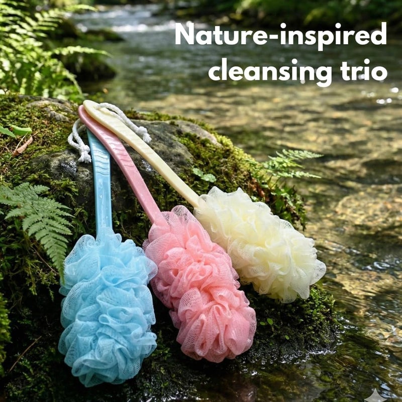 Glitters Long Handle Bath Loofah & Body Brush Set - Pastel Back Scrubber for Shower (3-Pack) - Image 4