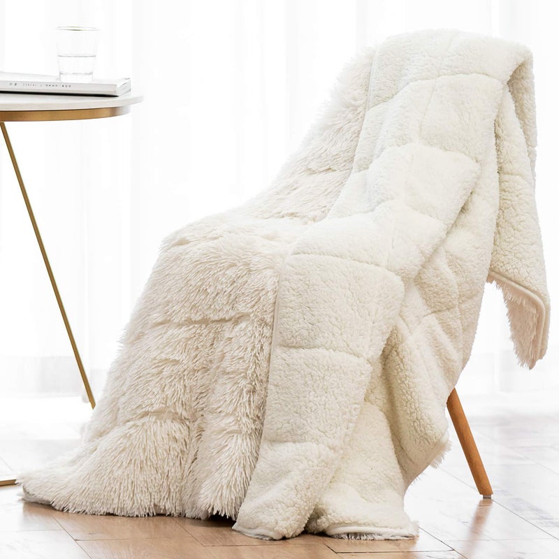 Wemore Shaggy Long Fur Faux Fur Weighted Blanket Cozy and Fluffy Plush Sherpa Long Hair Blanket for Adult 15lbs Fluffy Fuzzy Sherpa Reverse Heavy Blankets for Bed Couch Cream White 48 x 72 Inches