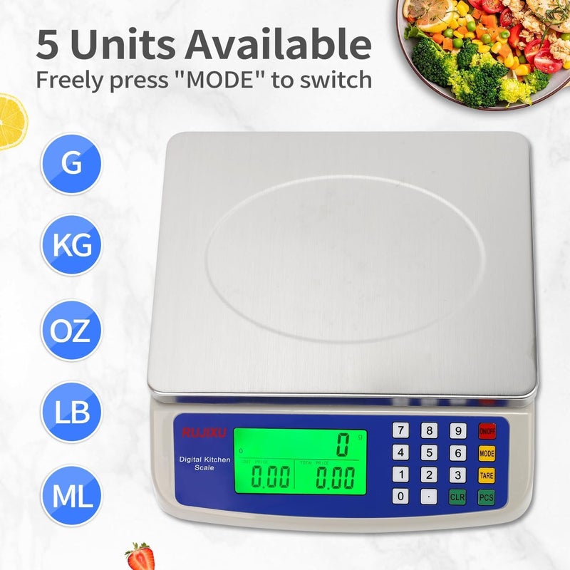 Tazweeq Large Digital Kitchen Scale, Stainless Steel, 30KG Commercial Food Scale with LCD Display for Baking, Bread, Meat, Fruit (Only Be Used When Plugged In) - Image 4