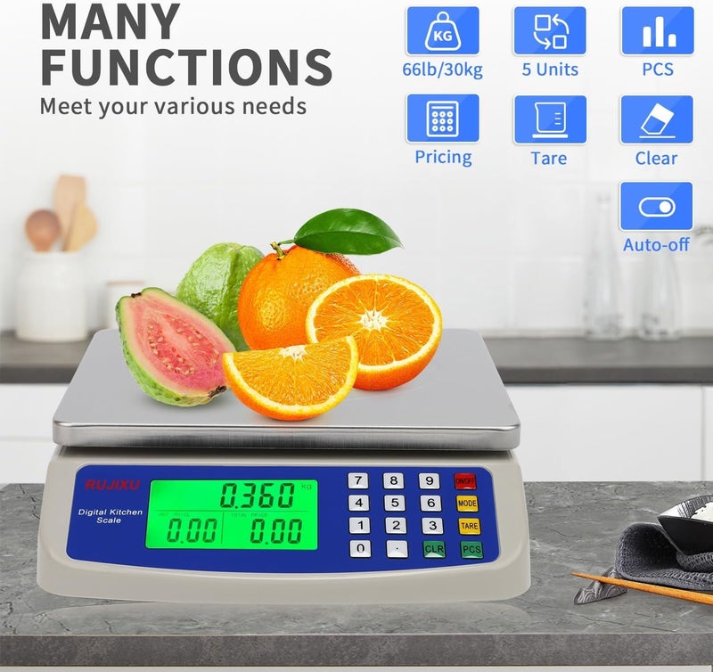 Tazweeq Large Digital Kitchen Scale, Stainless Steel, 30KG Commercial Food Scale with LCD Display for Baking, Bread, Meat, Fruit (Only Be Used When Plugged In) - Image 3