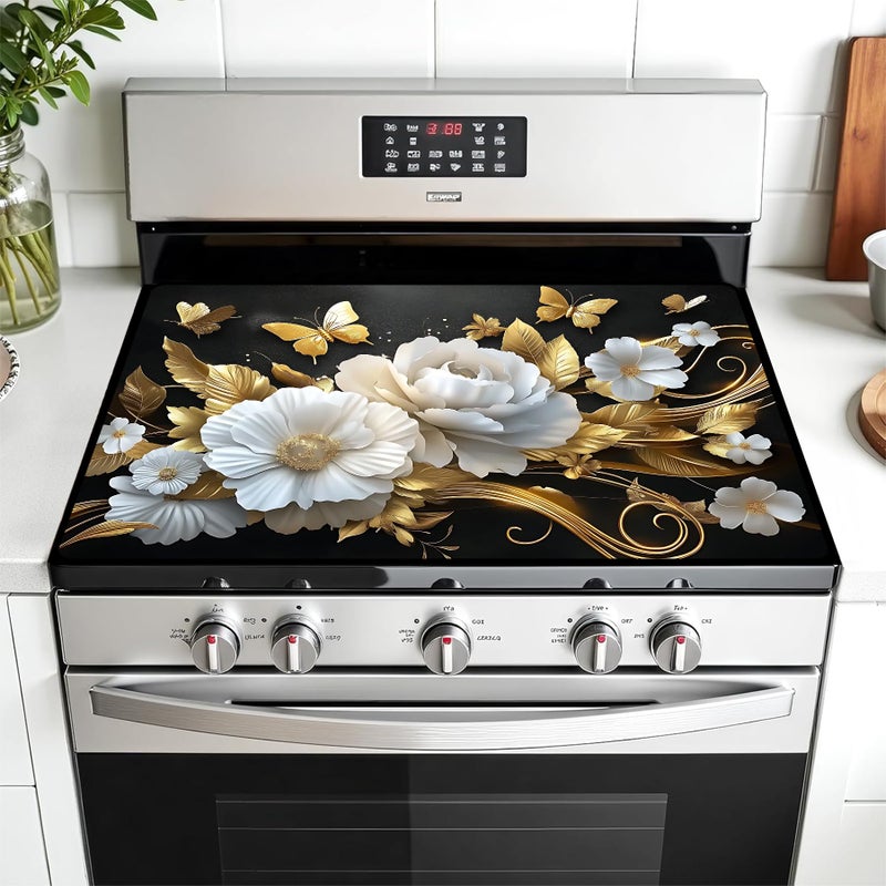 AOHMPT Multi-Design Stove Top Cover for Glass/Electric Stoves - 3-in-1 Heat-Resistant Protector Mat, Non-Slip Drying Rack 28"x20" (Butterfly-Flower, 28" L x 20" W) - Image 1
