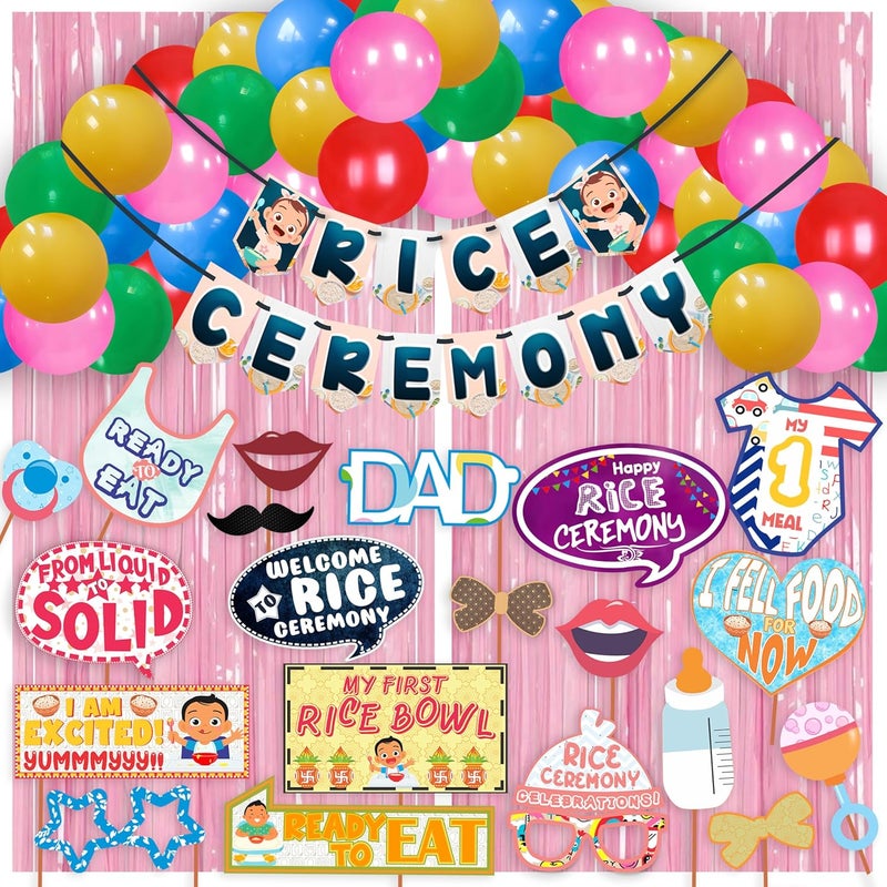 WOBBOX Annaprashan Party Props with Rice Ceremony Blue Color Bunting Banner & Balloon & Foil Fringe, Annaprashan Party Decoration (47 Pcs Combo) - Image 1