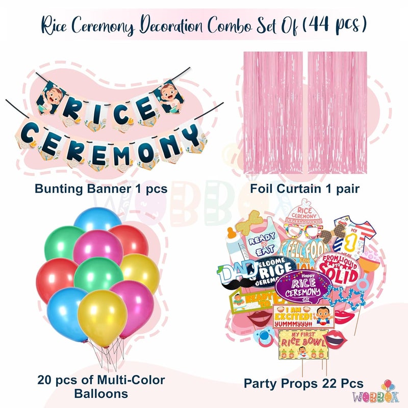 WOBBOX Annaprashan Party Props with Rice Ceremony Blue Color Bunting Banner & Balloon & Foil Fringe, Annaprashan Party Decoration (47 Pcs Combo) - Image 2