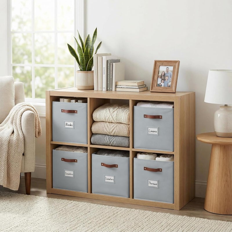 DECOMOMO Cube Storage Bin, Storage Cubes with Labels, Baskets for Shelves Kallax Linen Closet Organizers (Cube 11" / 6pcs, Grey) - Image 2