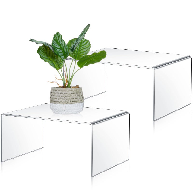 RattanView 2 Pcs 10.5 Inch Large Acrylic Risers Display Stands 5 mm Thick Acrylic Shelf Riser Showcase for Collectibles Jewelry Cupcakes Food Figures Perfume Cabinet (Clear) - Image 1