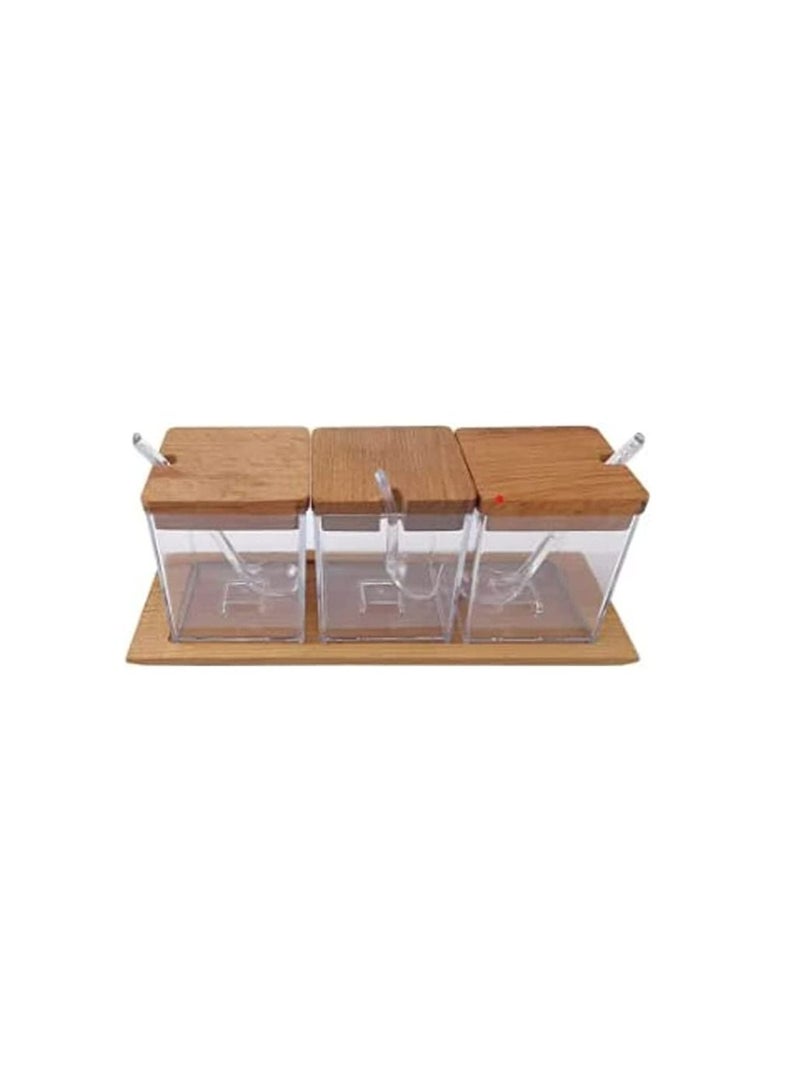 Plastic food storage set of 3 with plastic spoons, bamboo lid, canister storage containers for spices, seasoning, sugar, salt, 300ML