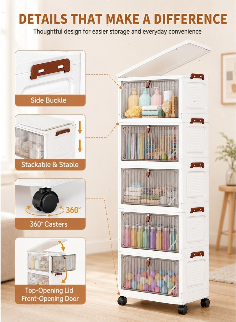 Storage Bins with Lids, Stackable Closet Organizers and Storage with Wheels, Collapsible Storage Boxes, Foldable Plastic Storage Containers for Home,Office, Dorm Room (5tier38cm) - Image 5
