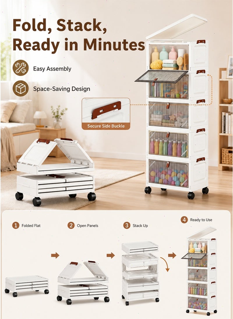 Storage Bins with Lids, Stackable Closet Organizers and Storage with Wheels, Collapsible Storage Boxes, Foldable Plastic Storage Containers for Home,Office, Dorm Room (5tier38cm) - Image 4