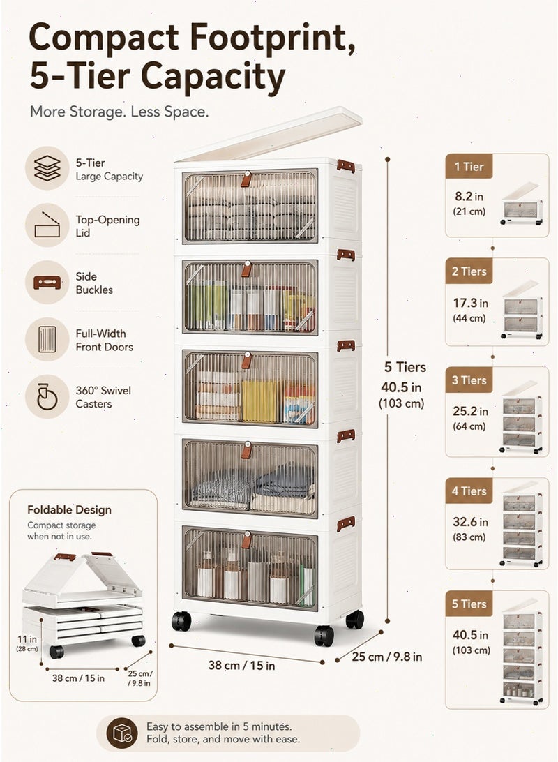 Storage Bins with Lids, Stackable Closet Organizers and Storage with Wheels, Collapsible Storage Boxes, Foldable Plastic Storage Containers for Home,Office, Dorm Room (5tier38cm) - Image 2